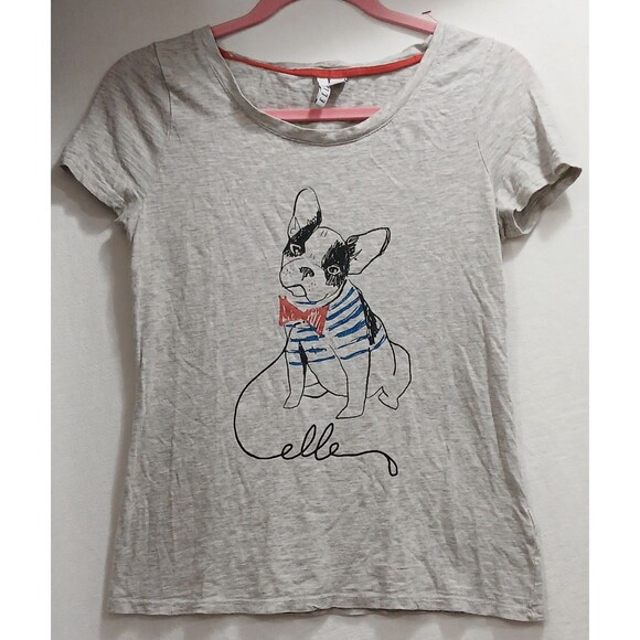 Elle Women's Gray Short Sleeve T-SHIRT French Bulldog Paris Graphic Print XS EUC - Picture 1 of 5